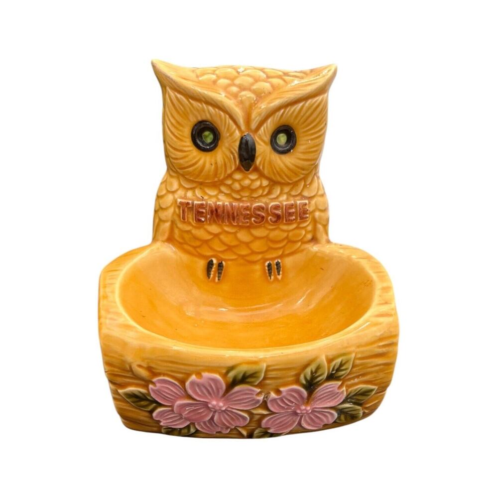Vtg Scotty Ceramic Owl Dogwood Sponge Holder Soap Dish Ring Holder Kitschy EUC